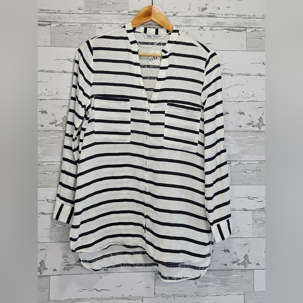 Zara Basic 100% Linen‎ Striped Button Down Shirt Navy White Small V-Neck Pocket